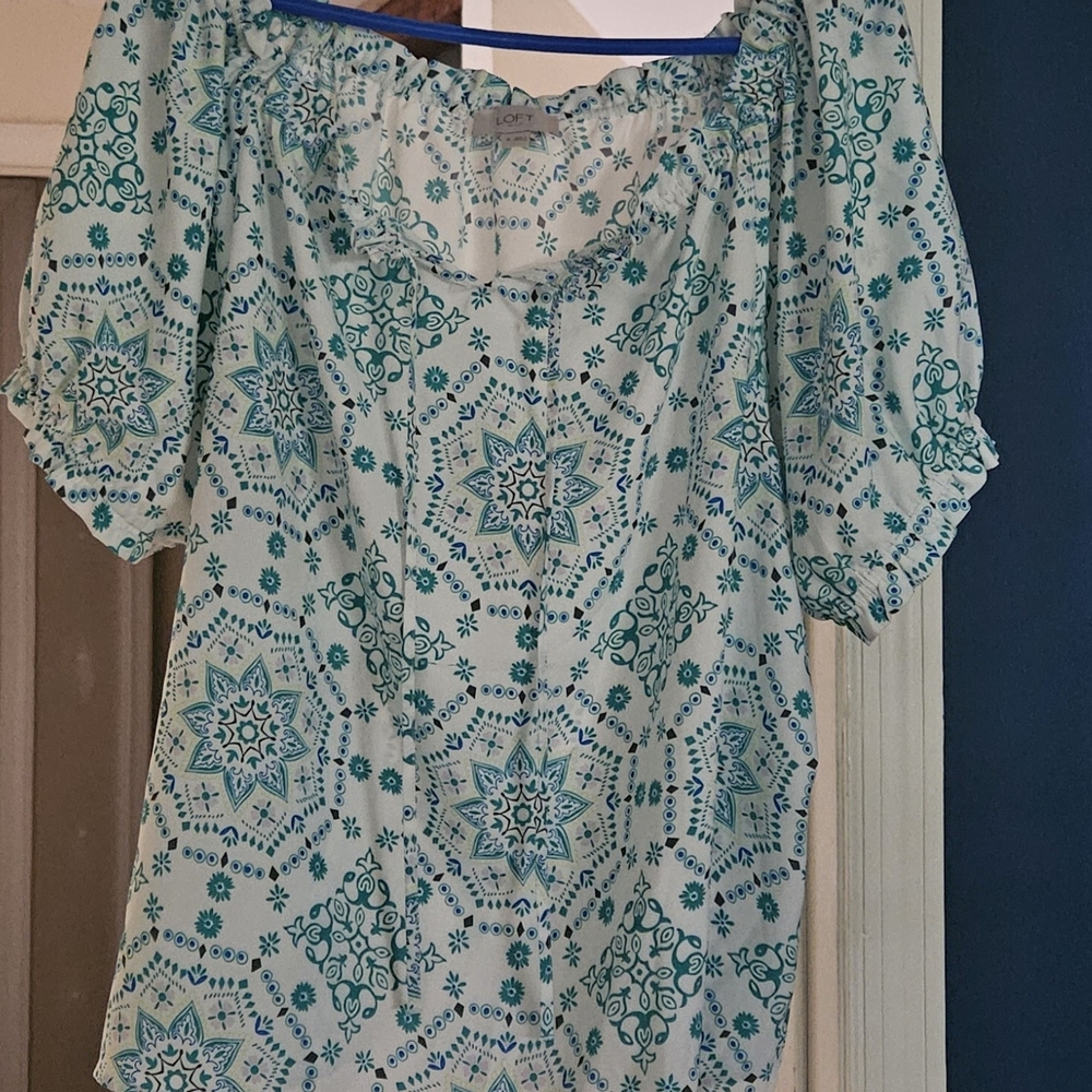 LOFT Blue and White Geometric Blouse